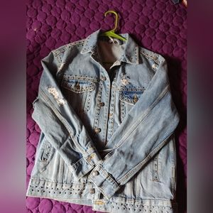 Free People oversized distressed denim jacket with studs